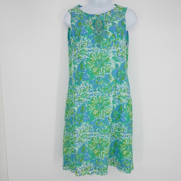 Bella Tu Shift Dress Womens XL Blue Green Floral Beaded Lightweigth Lined Resort - Picture 14 of 14